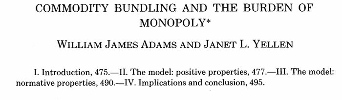 Adamsin ja Yellenin artikkelin Commodity Bundling and the Burden of Monopoly ensimmäisen sivun yläosa