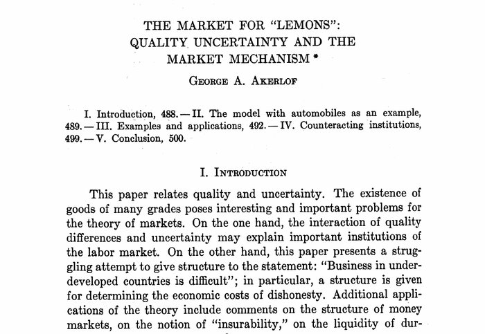 George Akerlofin artikkelin The Market for Lemons ensimmäisen sivun yläosa