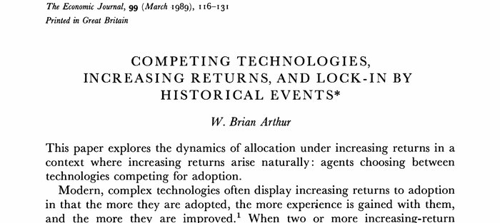 W. Brian Arthurin artikkelin Competing Technologies, Increasing Returns ensimmäisen sivun yläosa