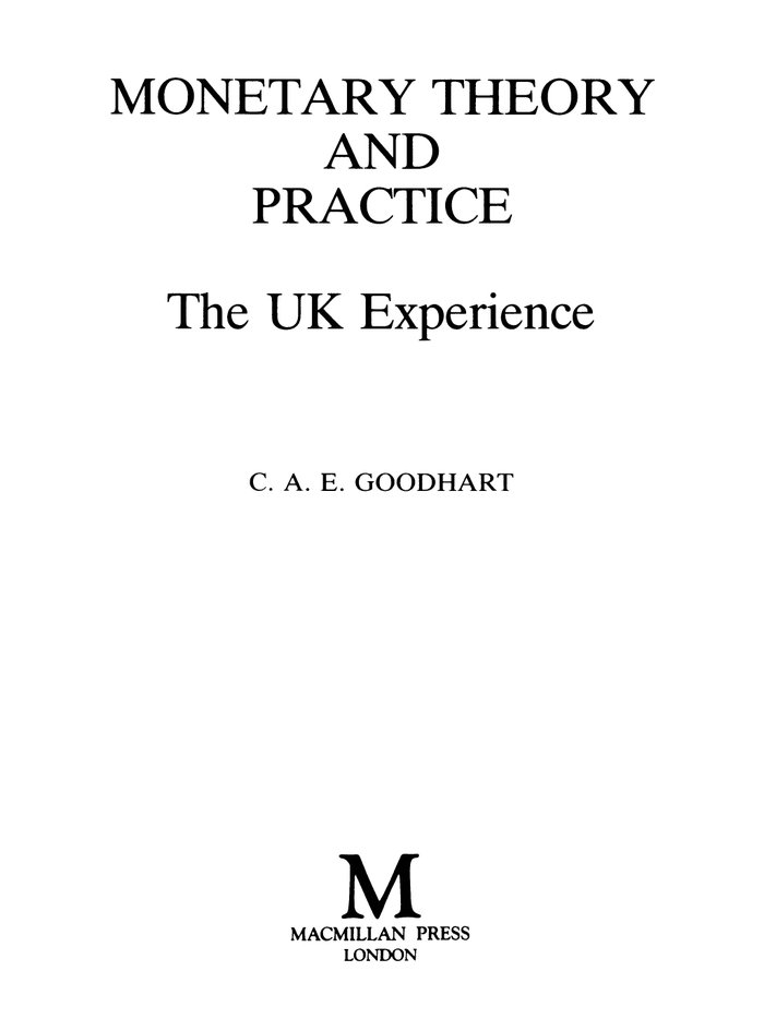 Charles Goodhartin kirjan Monetary Theory and Practice: The UK Experience nimiösivu, Macmillan Press
