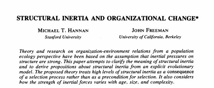 Hannanin ja Freemanin artikkelin Structural Inertia and Organizational Change ensimmäisen sivun yläosa