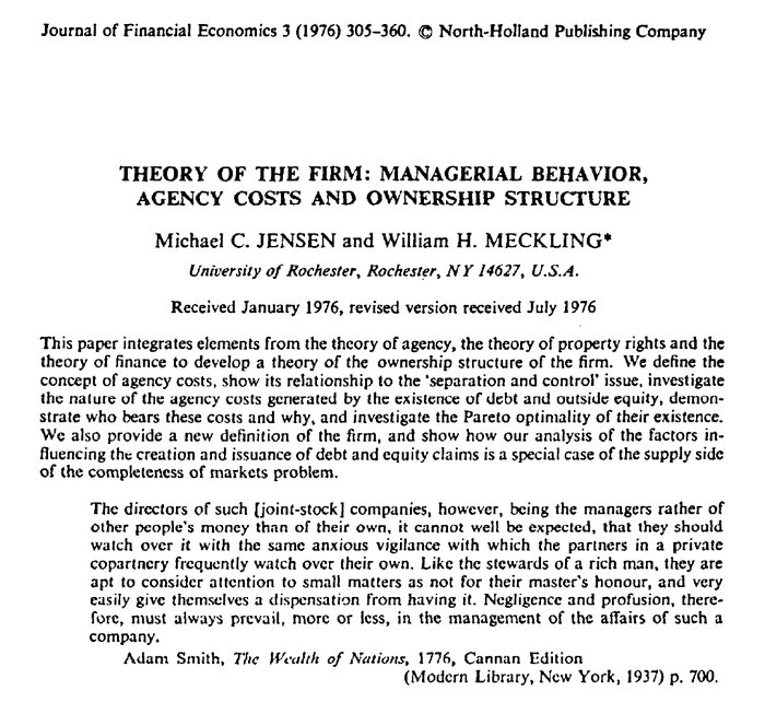 Jensenin ja Mecklingin artikkelin Theory of the Firm ensimmäisen sivun yläosa, jossa on Adam Smithin sitaatti