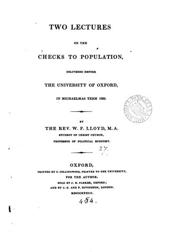 William Forster Lloydin teoksen Two Lectures on the Checks to Population nimiösivu