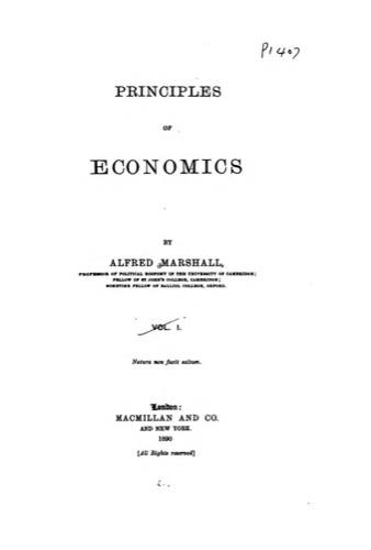 Alfred Marshallin kirjan Principles of Economics ensipainoksen nimiösivu