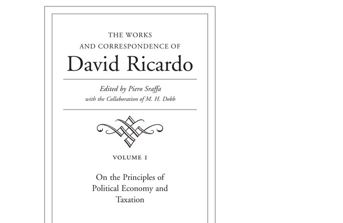 David Ricardon koottujen teosten ensimmäisen osan nimiösivu; osa sisältää teoksen On the Principles of Political Economy and Taxation