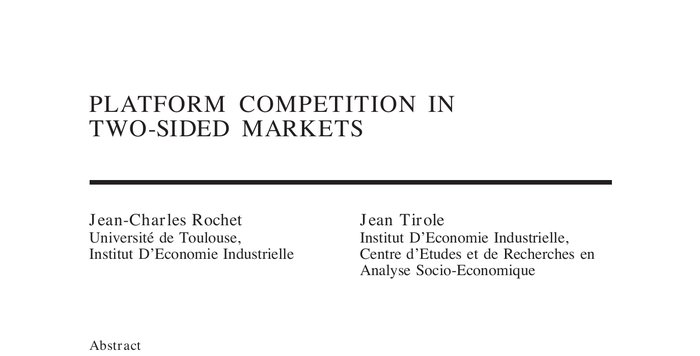 Rochet'n ja Tirolen artikkelin Platform Competition in Two-Sided Markets ensimmäisen sivun yläosa