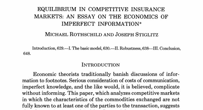 Rothschildin ja Stiglitzin artikkelin Equilibrium in Competitive Insurance Markets ensimmäisen sivun yläosa