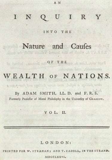 Adam Smithin teoksen The Wealth of Nations nimiösivu vuodelta 1776