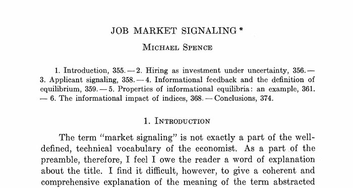 Michael Spencen artikkelin Job Market Signaling ensimmäisen sivun yläosa