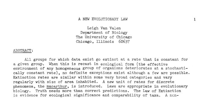 Leigh Van Valenin artikkelin A New Evolutionary Law ensimmäisen sivun yläosa