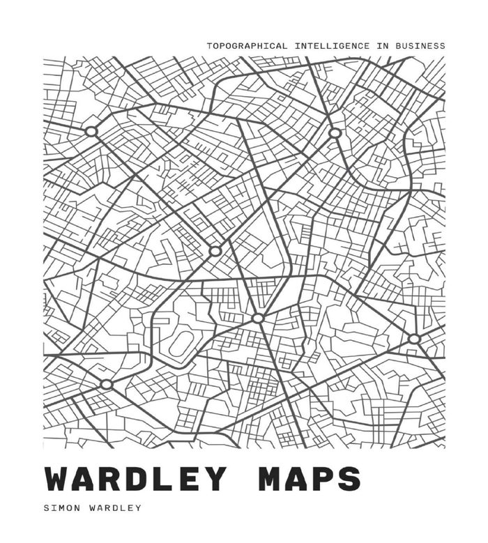 Simon Wardleyn kirjan Wardley Maps kansi: mustavalkoinen katukartta ja kirjan nimi