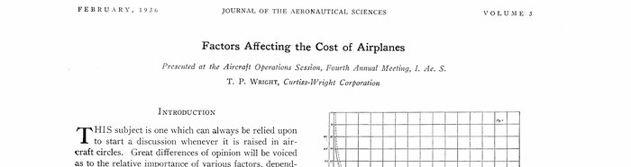 T. P. Wrightin artikkelin Factors Affecting the Cost of Airplanes ensimmäisen sivun yläosa