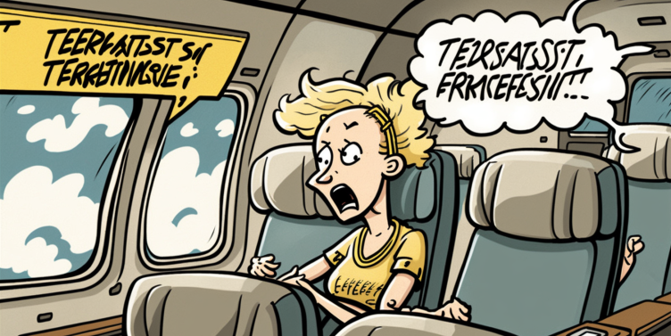 Midjourney-ohjelmalla laadittu sarjakuvaruutu, jossa matkustaja paniikissa ja puhekupla